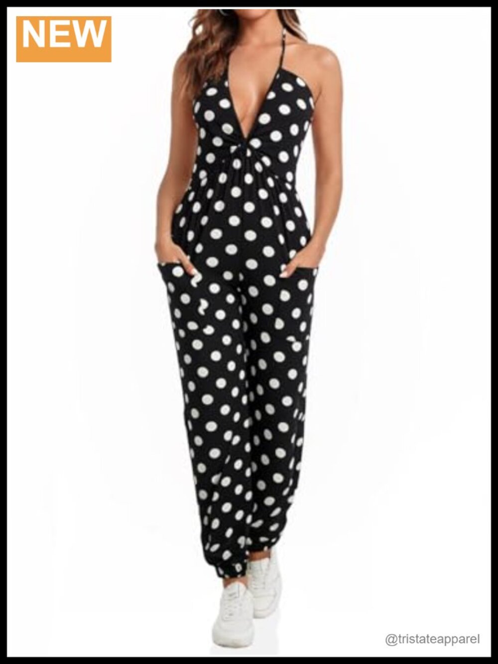 Sexy Halter Jumpsuit Sleeveless Deep V Neck Polka Dot Casual Long Romper